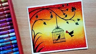Love Birds Scenery Drawing with Oil Pastel for Beginners