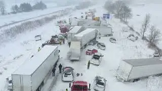 Drone footage reveals a massive pileup involving more than 100 vehicles in Michigan