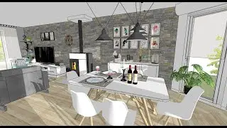 Visite 3D d'un s&eacute;jour, d'une cuisine ouverte et du salon.
