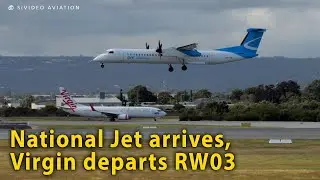 National Jet Express (VH-IYW) arrives and Virgin Australia (VH-IJW) departs RW03 at Perth Airport.