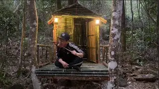 Build a survival shelter in the deep forest with a warm campfire and primitive survival skills.