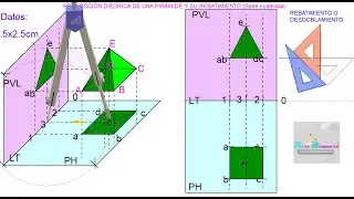 Proyección Diédrica de una Pirámide de base cuadrada y su Rebatimiento