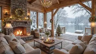 Rustic Lakeside Porch, Snowfall Ambience ☃🔥 Fireplace Sound with Holiday Piano Music for Relaxation