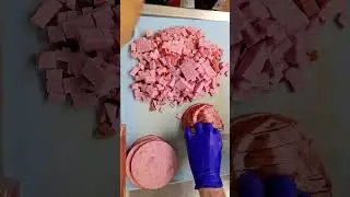 Fresh ham cut clean into even, juicy cubes. #dicedham #hamprep #chefskills #kitchenprep #foodreels