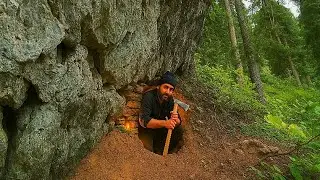 Build a cave shelter Under the giant rock.