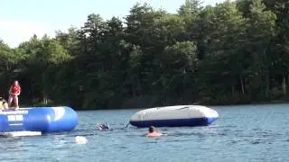 6-21-14 CXE cheer camp in NY - swim to trampoline on lake oops broke