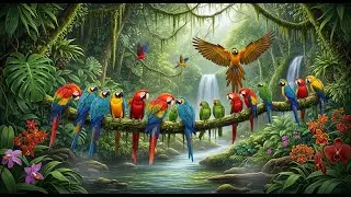 Enchanted Parrot Paradise: Colorful Avians, Serene Waterfalls, and Amazonian Flora