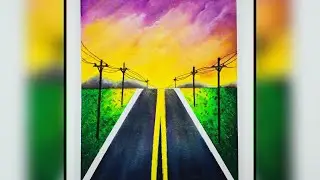 Oil Pastel Drawing / Highway Sunset Road Drawing with Pastels for Beginners