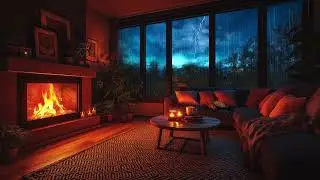 Thunderstorm & Crackling Fireplace | Cozy Living Room, Rain Sounds & Sleeping Cat