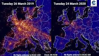 Air traffic situation over Europe - 26 March 2019 vs 24 March 2020