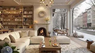 Luxury Winter Jazz ❄️ Warm Fireplace, Snowy Street View & Cozy Evening Ambience