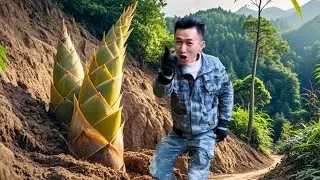 阿峰小路旁发现超大裂包，挖开发现是连体笋，正宗黄泥拱炖肉鲜极了！【乡村阿峰】