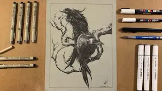 Odin&rsquo;s Ravens Huginn and Muninn Comic Inks Ink Drawing For Inktober 2021 ArtByJonnyFrost