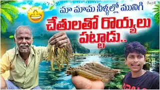 మా మామ నీళ్లలో మునిగి చేతులతో రొయ్యలు పట్టాడు🦐 || ఇక్కడ పెద్ద పెద్ద జల్లలు కూడా వున్నాయి🐟😮 #fishing