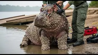 Giant Hippo Calf Riverbank Rescue Covered in Barnacles  | Calm Daytime Wildlife Operation