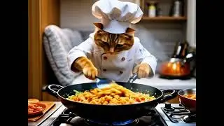 Chef cat cooking pasta