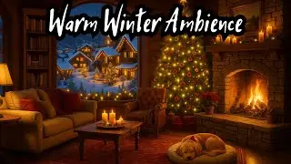 Fireplace Ambience | Cozy Winter Cabin with Sleeping Dog & Christmas Lights (No Music)