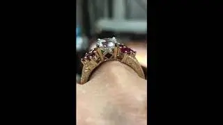 Hand engraved etching yellow gold ring with cubic zirconia and ruby color sides stones | MA7978weng
