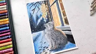 Oil Pastel Drawing - Realistic Cat Drawing | Winter scenery | Step by step | How to draw a cat