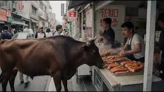 Cow Casually Steals Hot Dogs at an Asian Street Food Stall While Vendor Loses It