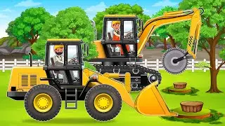 Tree Broken Lightning - Dig Up Stump with Excavator, Loader and Truck | Construction Vehicles