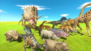 恐竜「スケルトントリケラトプス」vs大量のすべての生き物で鬼ごっこバトルレース！😱アニマルレボルトバトルシミュレーター