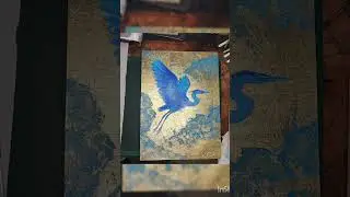 Azure Flight in Golden Skies💙 #BlueHeron #GoldenBackground #AcrylicArt #BirdPainting #BlueAndGold