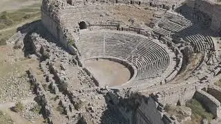 D-Log M. Balat, Turkey. Close up aerial view of Miletus Theatre stage and orchestra area from abo...