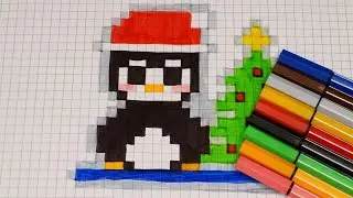 DIY Handmade Drawing Pixel Art | How to draw a cute Christmas Penguin | Easy Xmas Draw with Me