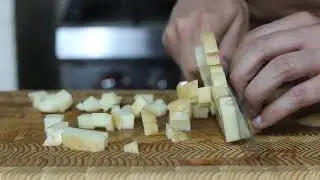 Kanetsugu Pro J VG10 240mm Tsuchime Gyuto vs Potato