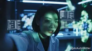 A scientist watches as organic shapes endlessly morph into glowing geometric forms.