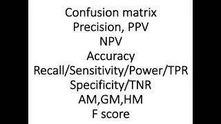 Confusion matrix, Precision, Recall/Sensitivity, Specificity, F score