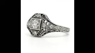 Vintage Moissanite Engagement Ring, Art Deco 14k White Gold Filigree Ring