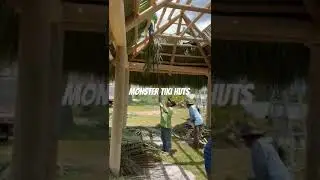 Thatch being installed on Tiki Hut-contact us we work all over South Florida