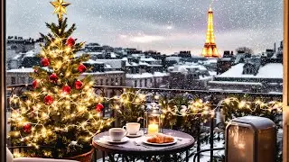 Snowy Paris Jazz Ambience ❄️ Cozy Christmas Balcony View With Eiffel Tower Lights For Sleep