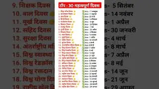 Important Days Top 30 Questions || Which day is celebrated when || Important Day ||