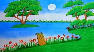 How to Draw a Beautiful Village Scenery Drawing | River, Flowers, Trees & Moonlight Art Tutorial