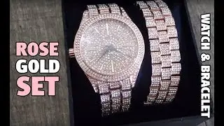 Mens Bling Hip Hop Watch & Bracelet Set Rose Gold Finish 8