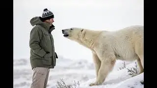 A winter scene with a large polar bear standing on a snowy slope, facing a bundled-up man