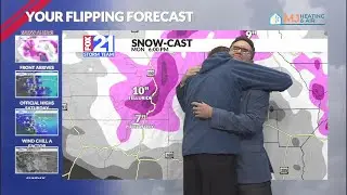 Chief Meteorologist Matt Meister's family surprises him during his final weather forecast at FOX21 N