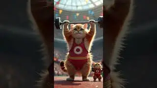 A super chubby fluffy cat lifting a heavy barbell