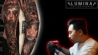VERY CRAZY REALIST GIRL AND SKULL - FULL SLEEVE TATTOO