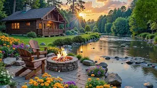 Beautiful Spring Cozy Fireplace Lakeside Room 🌺🌿 Relaxing Piano Music for Working and Studying