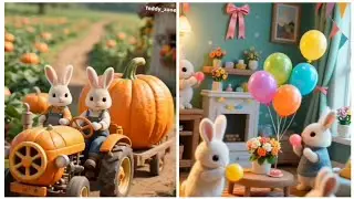 Cute Rabbit Story Pumpkin Tractor & Balloon Party Bunnies Birthday Celebration  Cute Cartoon Moments