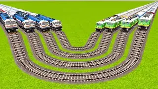 FOUR WAG 9 AND FOUR WDP4D TRAINS FACE TO FACE CROSSING ON FOUR CURVED RAILROAD TRACKS|TrainSimulator