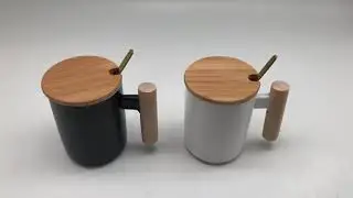 Nordic Style Ceramic Mug 380ml with Bamboo lid and gold spoon