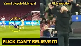 Moment Hansi Flick&rsquo;s shocked reaction to Lamine Yamal&rsquo;s bicycle kick goal against Real Oviedo