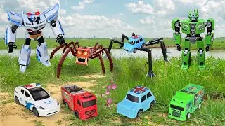 Transformer Hunt: Green Robot vs Monster Spider Fire Truck | McQueen | CreepyCar