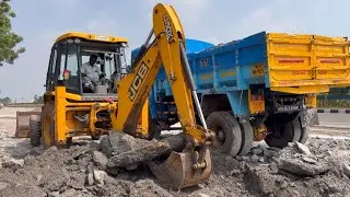 Backhoe Loader Clearing Waste Concrete During Road Repair Work | Powerful Construction Machine