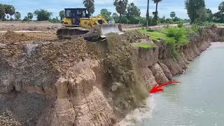 Update Project High Deep Pond Filling Up Power Team Dump Truck Bulldozer KOMATSU D60P Pouring Stone
